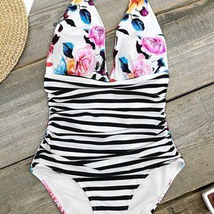 Cupshe Bold Floral & Stripe Halter One-Piece